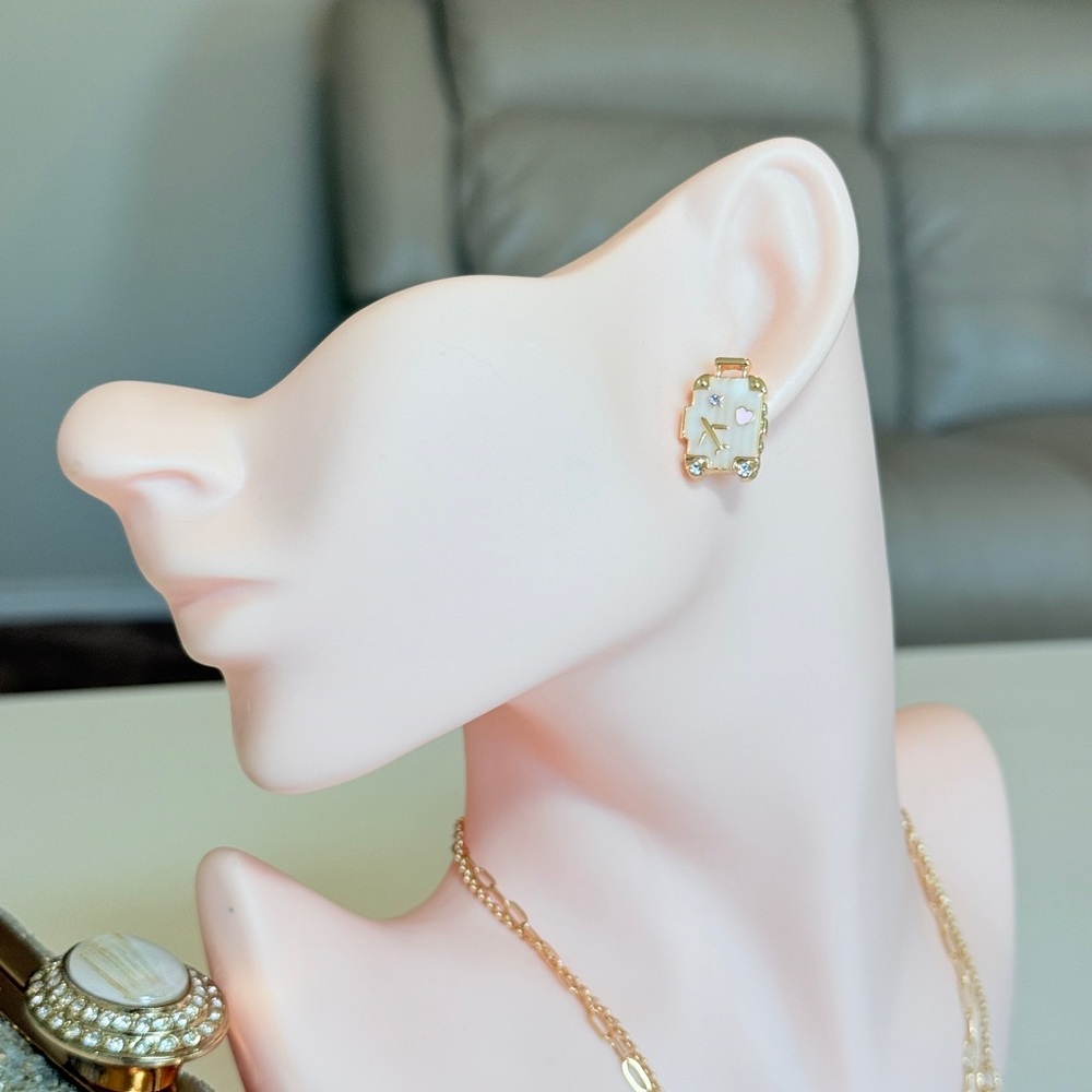 Suitcase Gold and Pink Stud Earrings - Picture 7 of 11